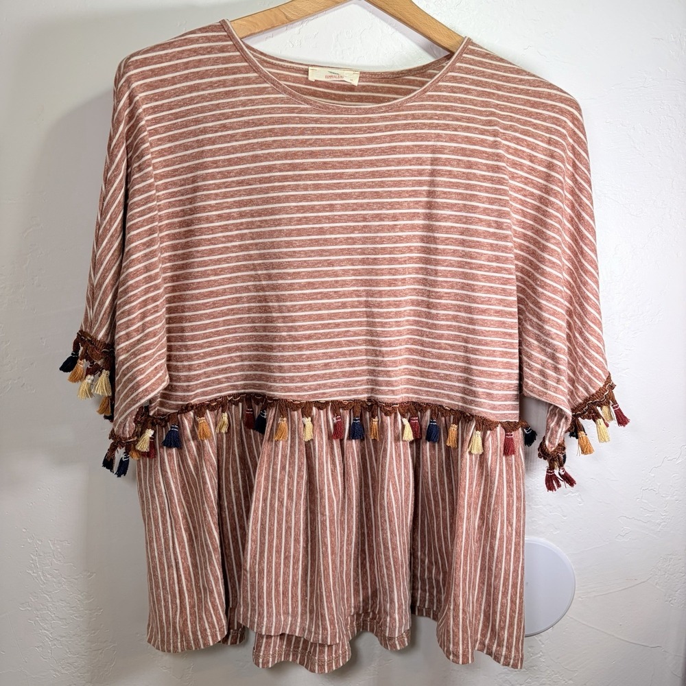 HUMMINGBIRD Striped Tassel Blouse Bohemian Chic Folk Garden Artsy‎ Minimalist